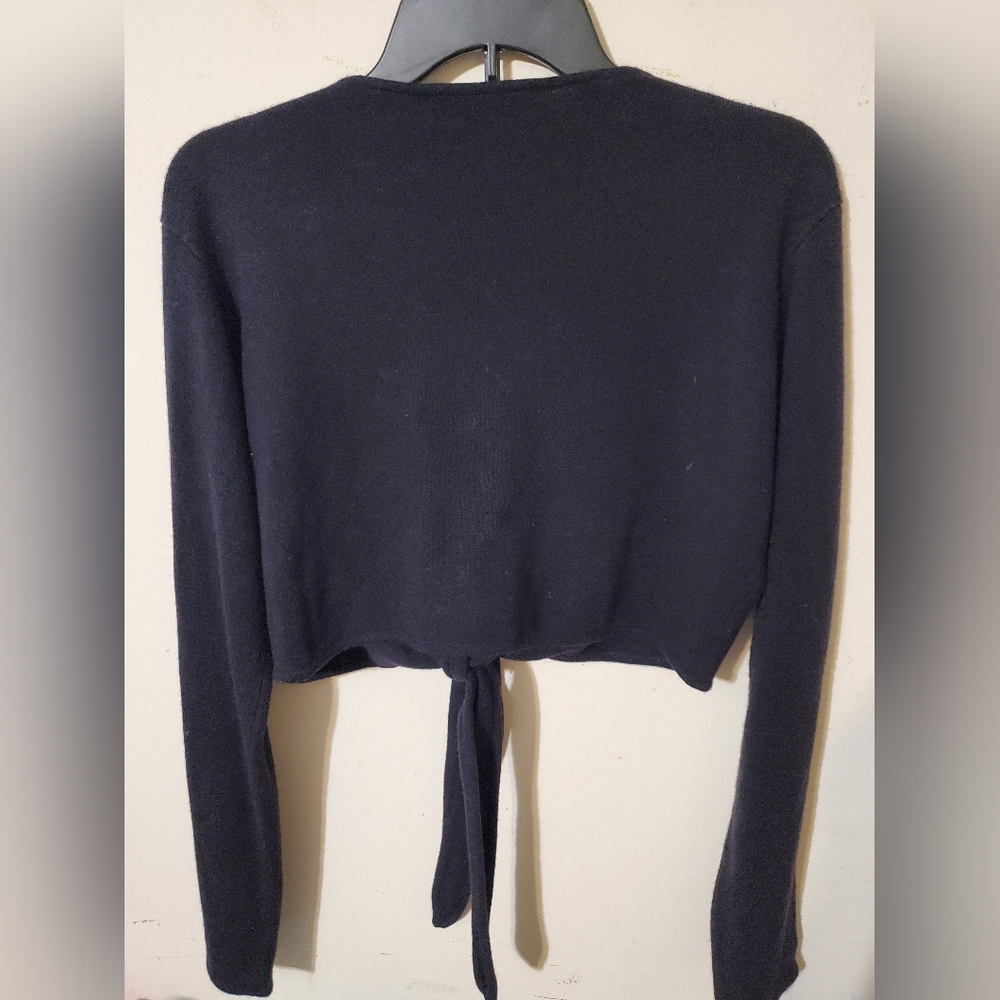 Vintage Style Black Tie Front Sweater Cardigan with Pink Flower Accent - Picture 5 of 5